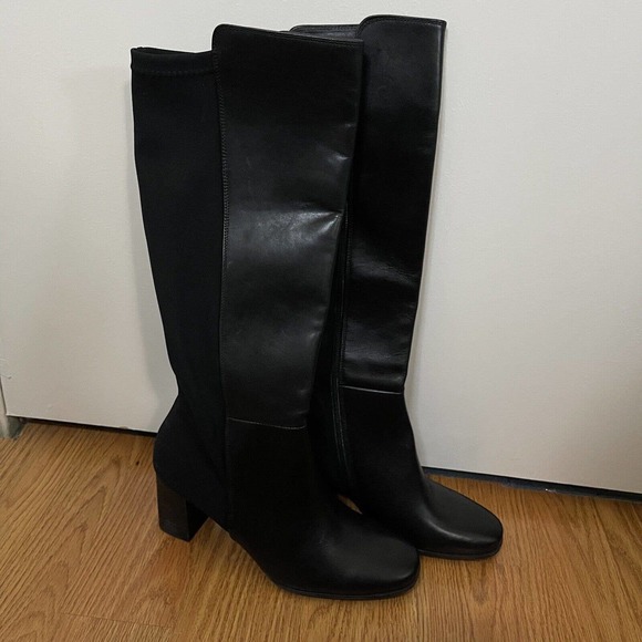 NEW! Paul Green knee high heeled black leather boots stretch back US 7.5- UK 5 - Picture 2 of 11